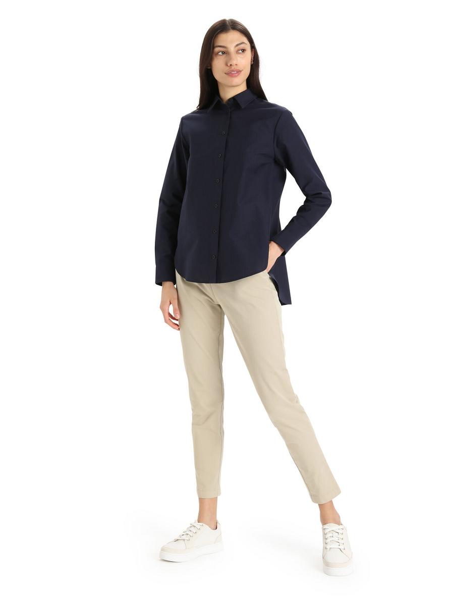 Women's Icebreaker Merino Berlin Shirt Long Sleeve Midnight Navy | CA 1306PJJQ